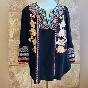 Andree by Unit Black Boho Tunic with Floral Embroidery 1X